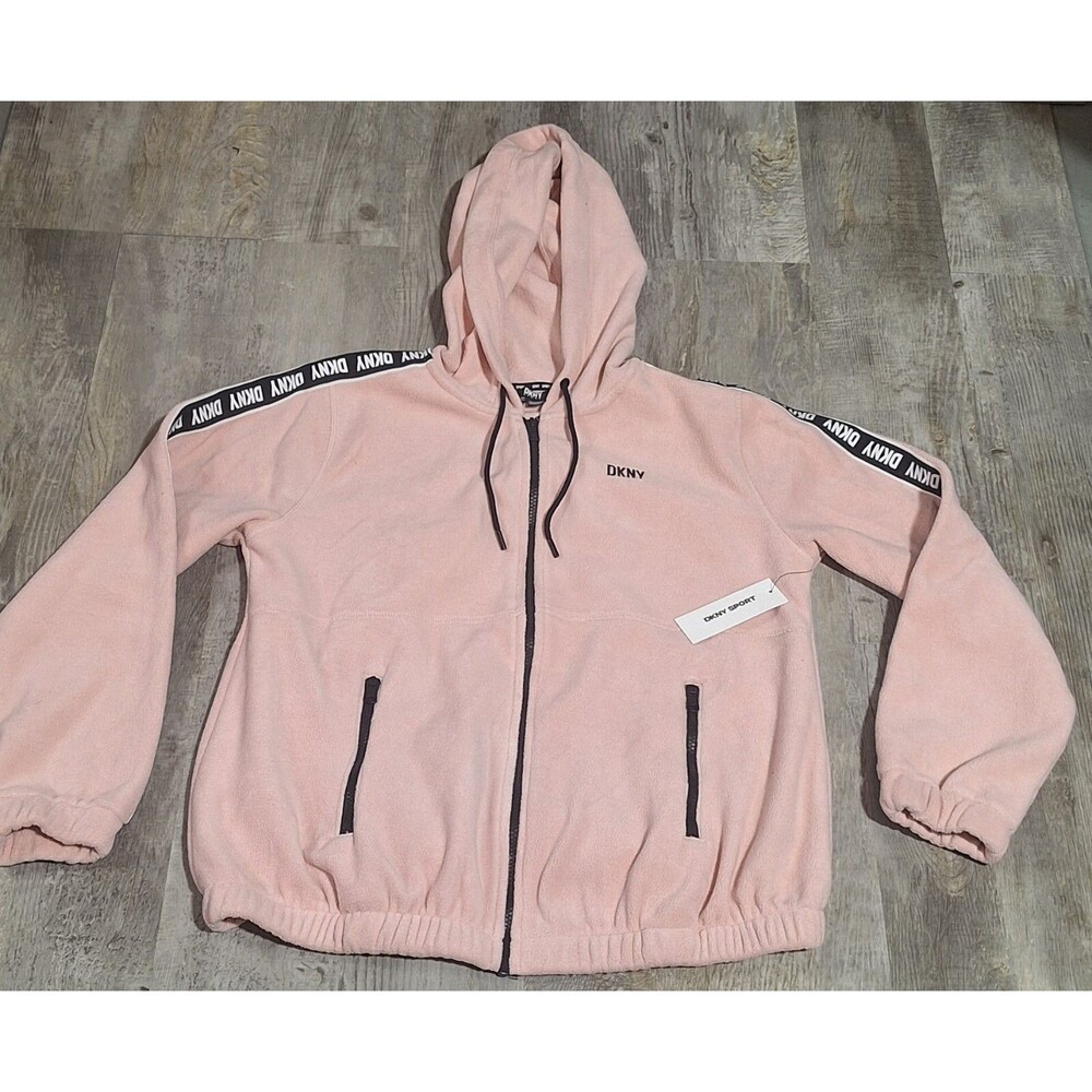 DKNY Sport Womens Pink Full Zip Fleece Hoodie Stripe Logo Sweatshirt Medium NWT - Picture 2 of 8
